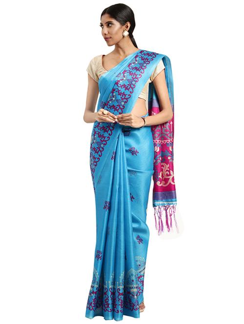printed contrast saree with blouse - 16420315 - Standard Image - 1