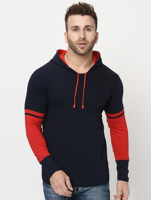 navy blue color block hooded t-shirt - 16420721 - Standard Image - 1
