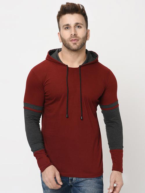 maroon color block hooded t-shirt - 16420724 - Standard Image - 1