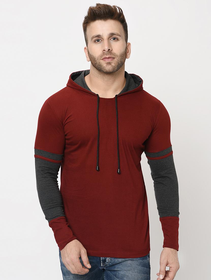 maroon color block hooded t-shirt - 16420724 - Zoom Image - 1