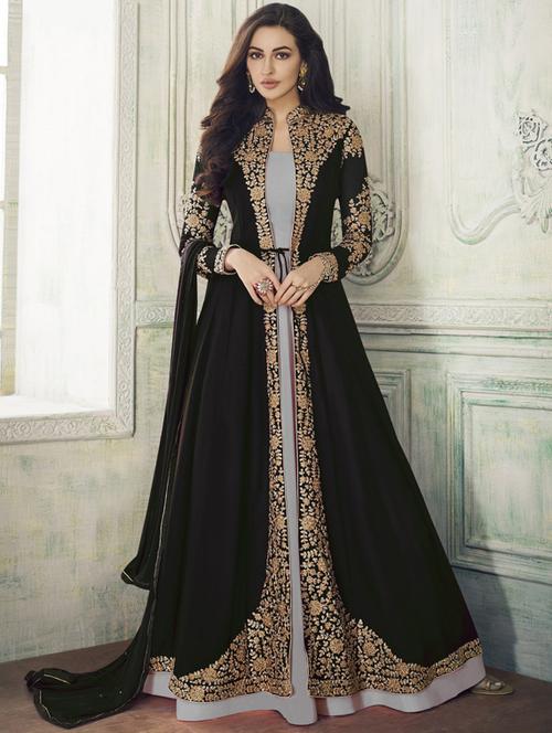 embroidered a-line semi-stitched suit - 16420789 - Standard Image - 1