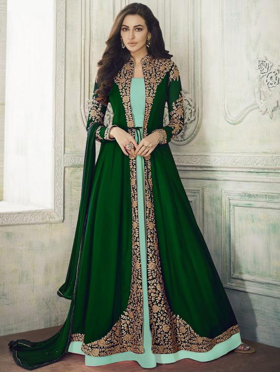 embroidered a-line semi-stitched suit - 16420790 - Zoom Image - 1