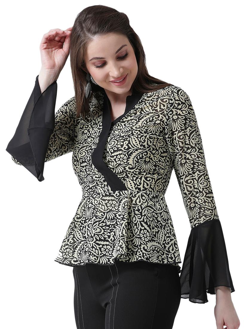 bell sleeved printed peplum top - 16420900 - Zoom Image - 2