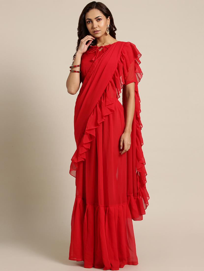 solid ruffle saree with blouse - 16421897 - Zoom Image - 1
