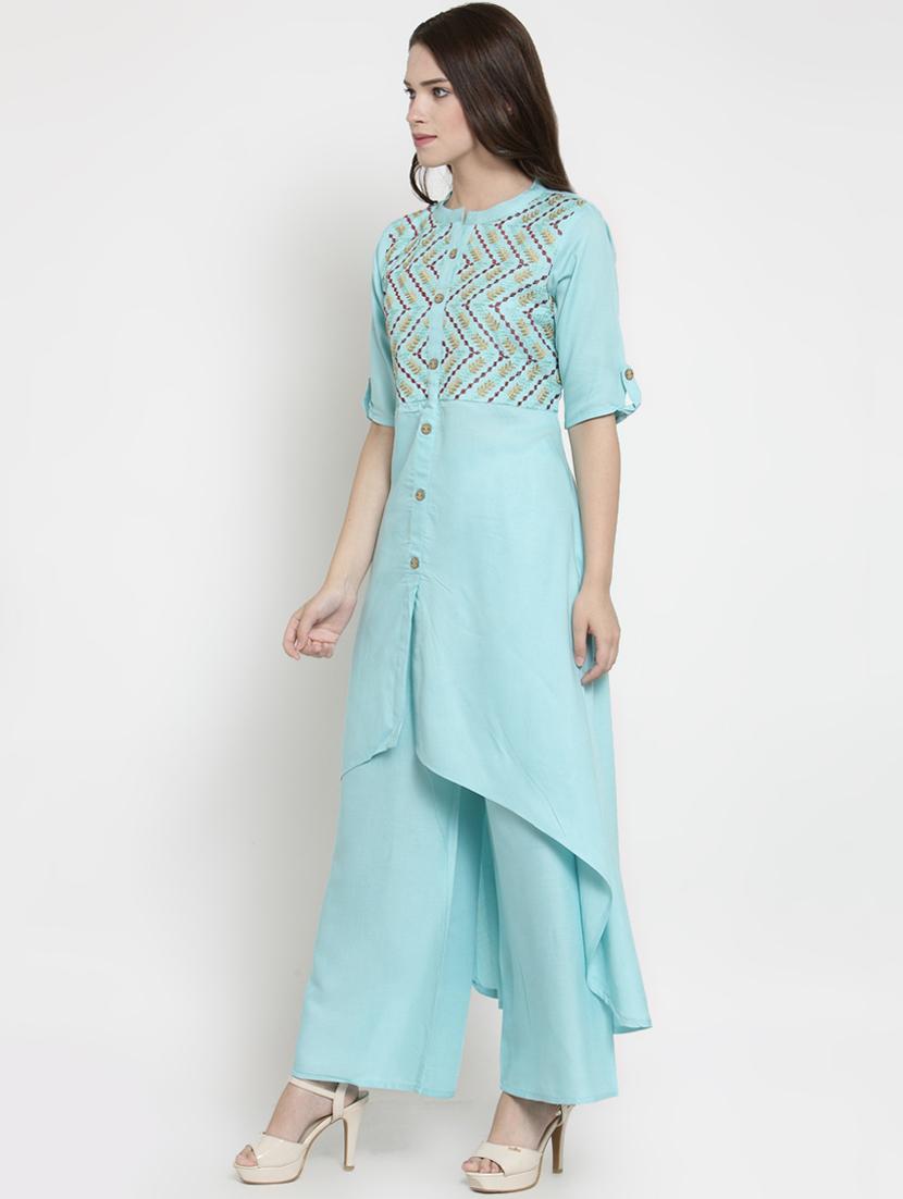 embroidered high low kurta palazzo set - 16431904 - Zoom Image - 2