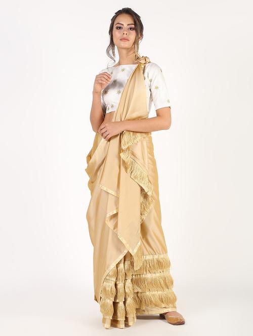 fringe border fusion saree with blouse - 16435250 - Standard Image - 1