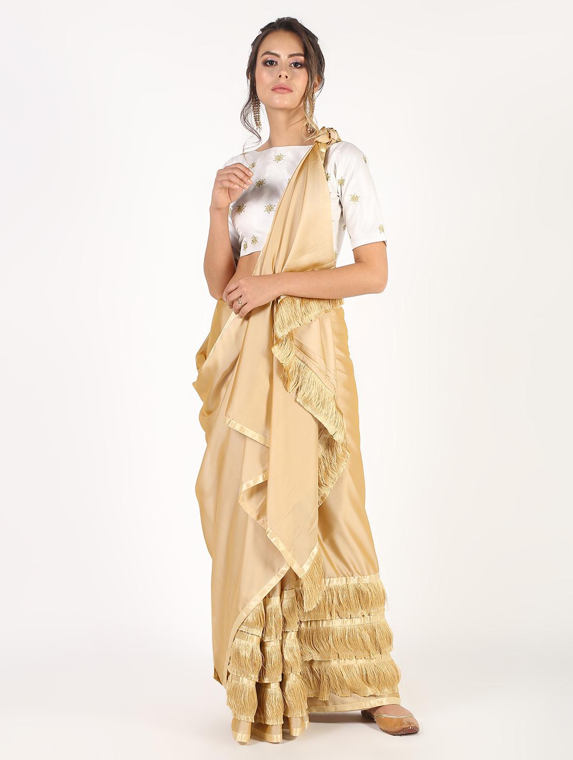 fringe border fusion saree with blouse - 16435250 - Zoom Image - 1