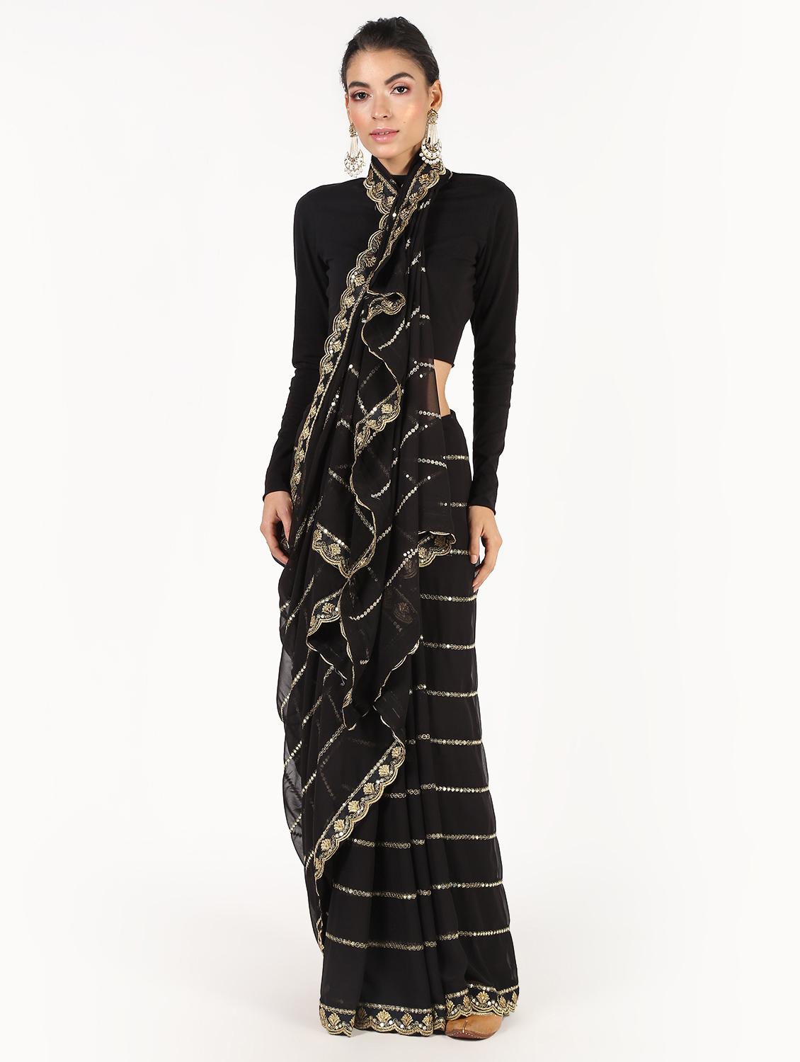 striped embroidered saree with blouse - 16435272 - Zoom Image - 1