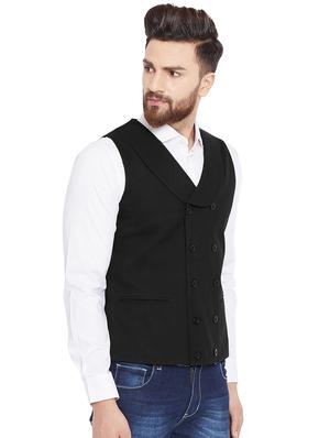 black solid double breasted waist coat - 16441542 - Standard Image - 2