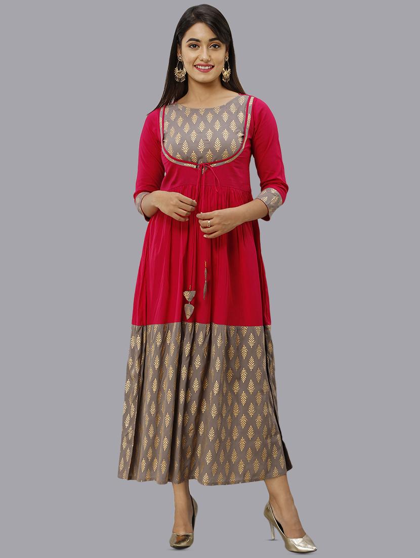 gold foil printed flared kurta - 16442132 - Zoom Image - 1