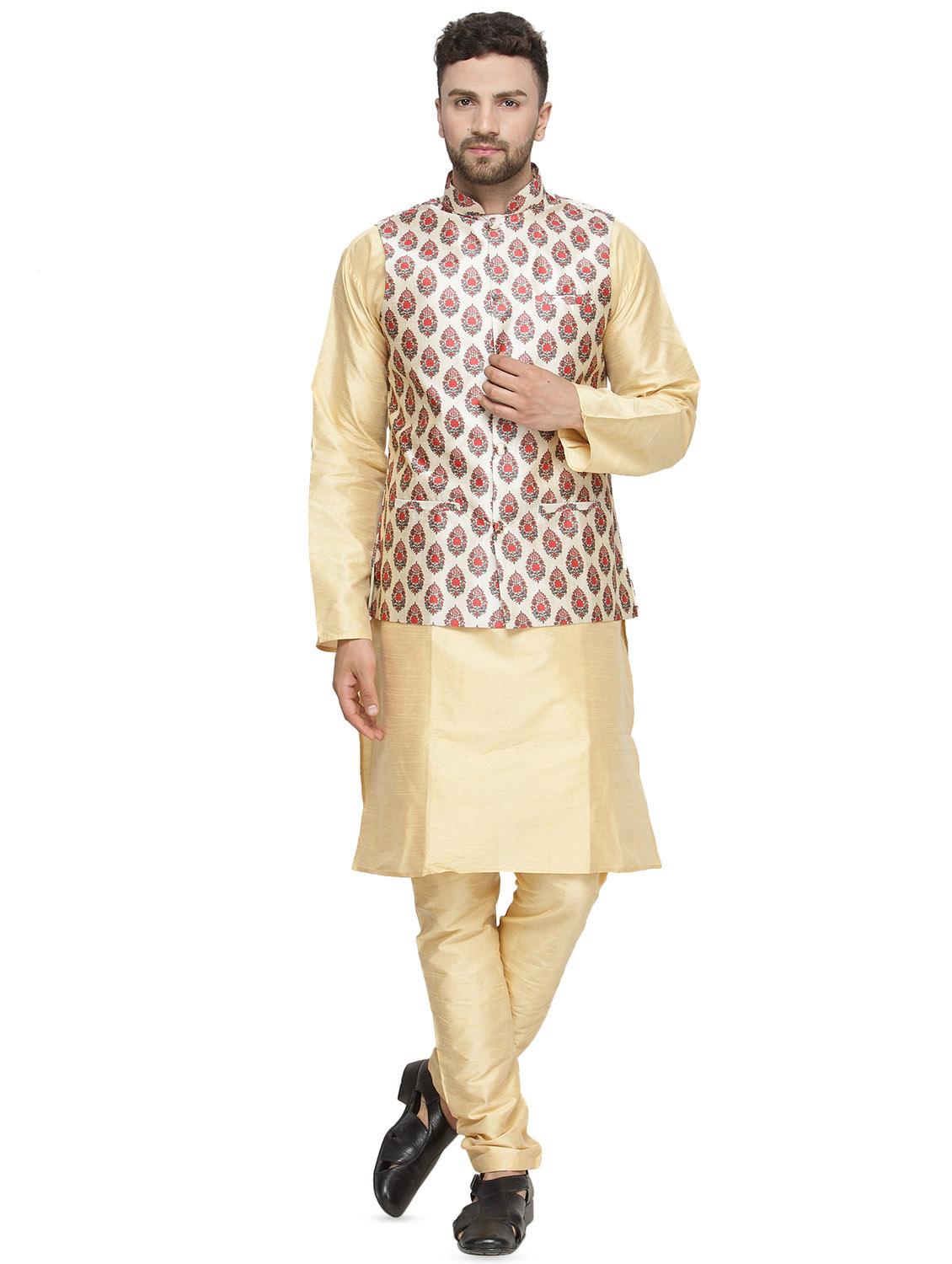 beige solid kurta pyjama set with printed nehru jacket - 16442297 - Zoom Image - 1