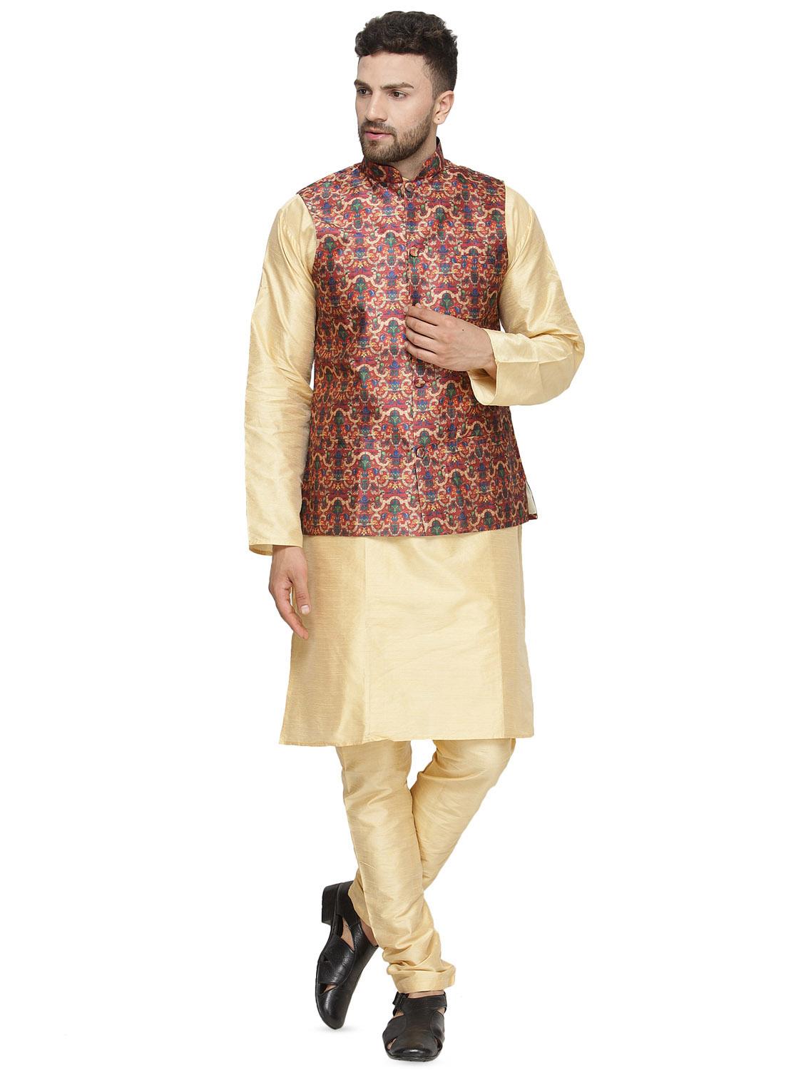 beige solid kurta pyjama set with red printed nehru jacket - 16442298 - Zoom Image - 1