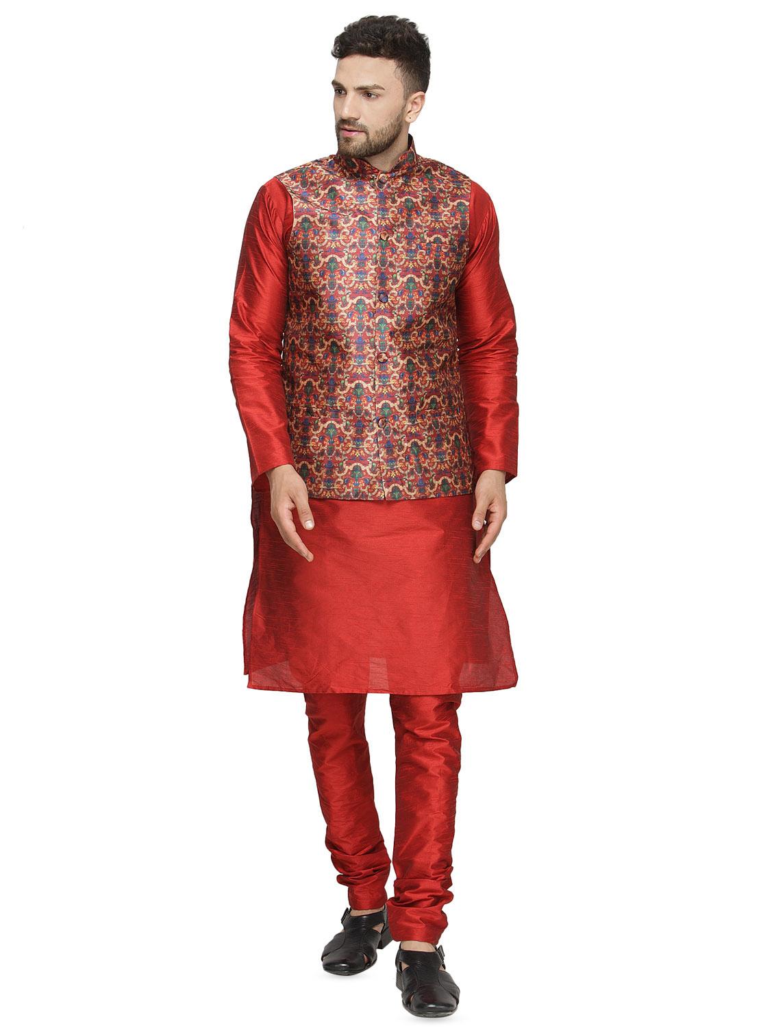 red solid kurta pyjama set with red printed nehru jacket - 16442302 - Zoom Image - 1