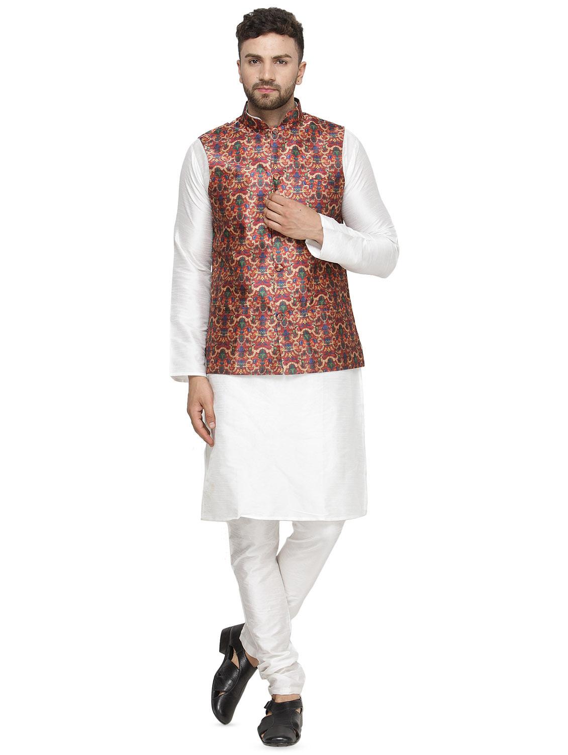 white solid kurta pyjama set with red printed nehru jacket - 16442308 - Zoom Image - 1