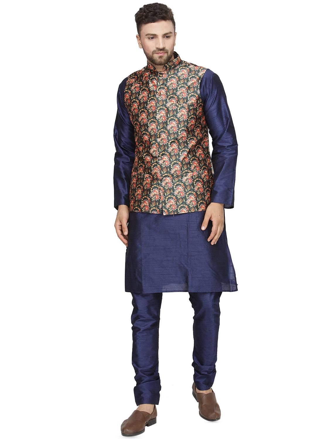 navy blue solid kurta pyjama set with green printed nehru jacket - 16442318 - Zoom Image - 1