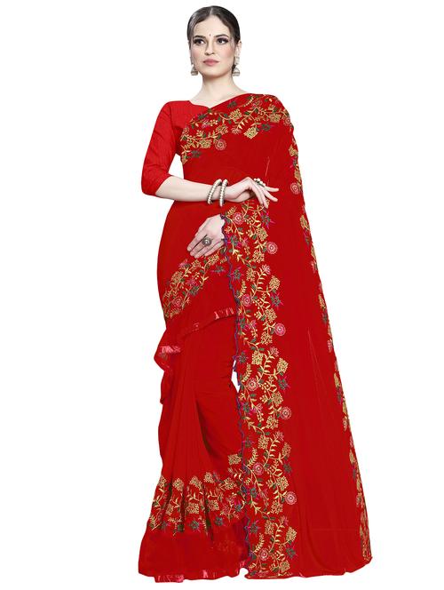 embroidered solid saree with blouse - 16442810 - Very Small Image - 1