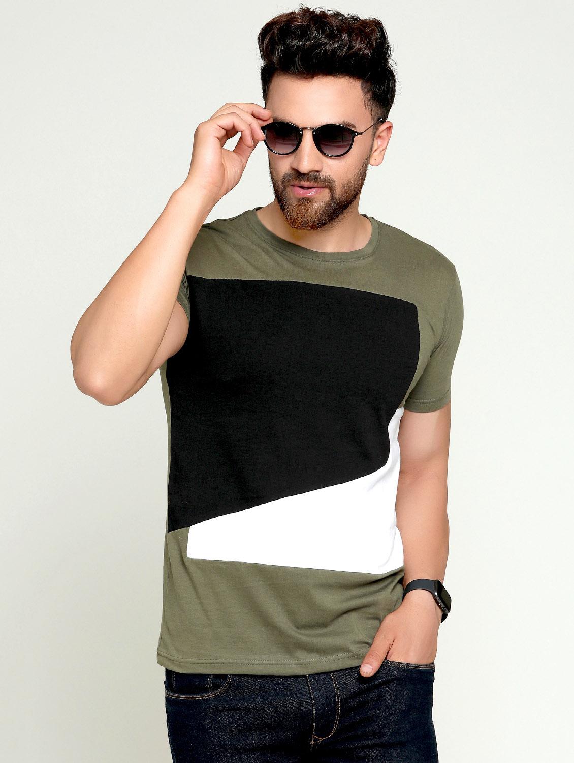 olive green color block t-shirt - 16445114 - Zoom Image - 2