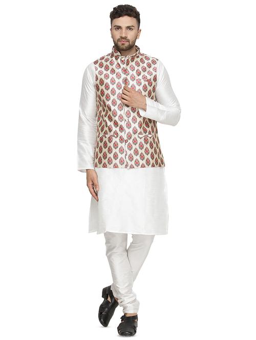 white dupion kurta pyjama set with nehru jacket - 16445589 - Very Small Image - 1