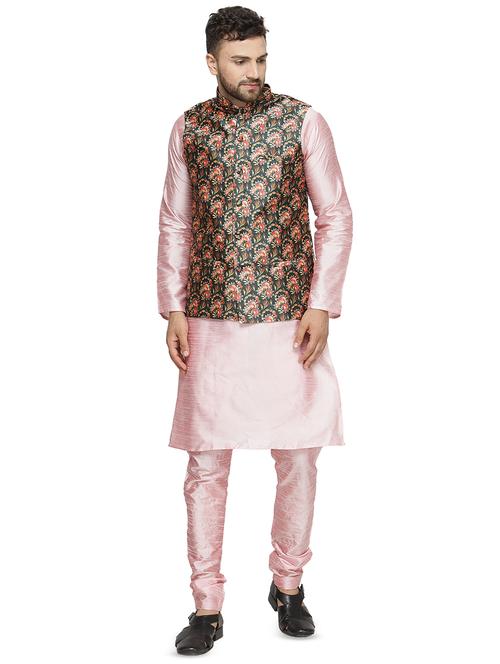 pink dupion kurta pyjama set with nehru jacket - 16445592 - Very Small Image - 1