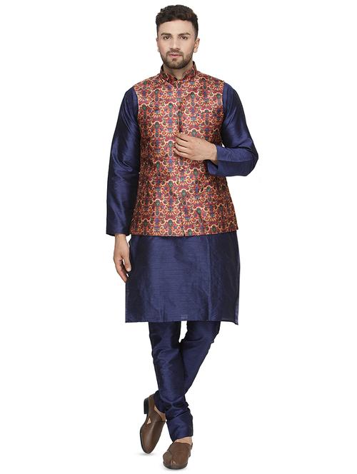 navy blue dupion kurta pyjama set with nehru jacket - 16445597 - Very Small Image - 1