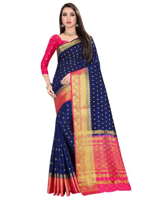 contrast kanjivaram saree with blouse - 16449872 - Very Small Image - 1