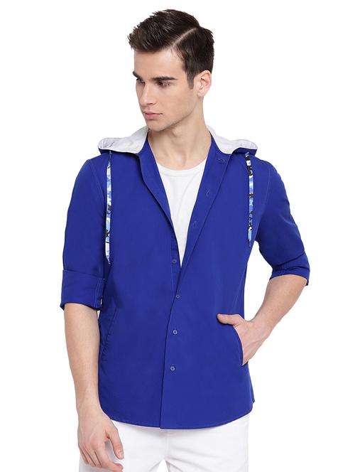blue solid hooded casual shirt - 16451310 - Standard Image - 1