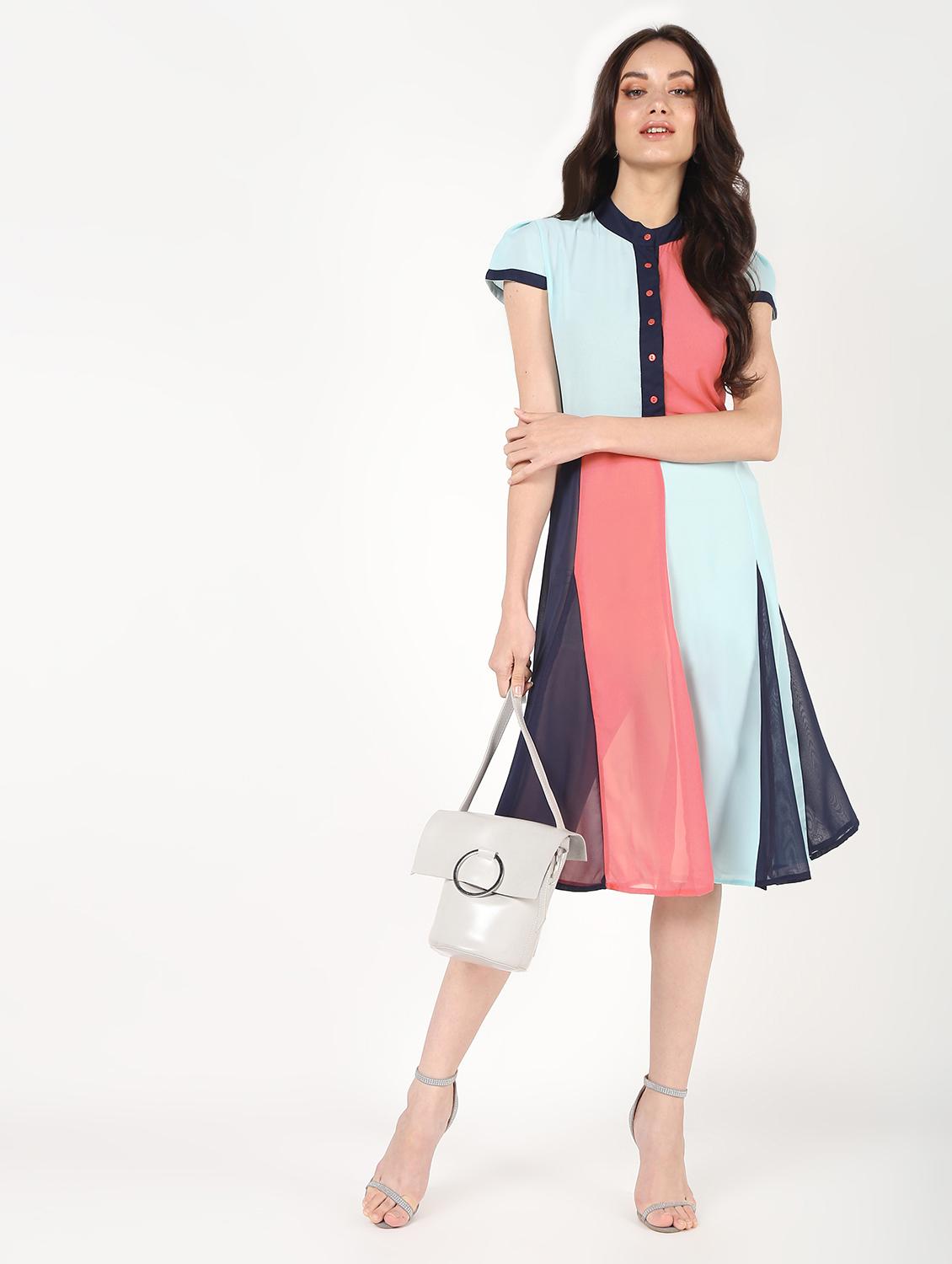 mandarin neck color block a-line dress - 16457130 - Zoom Image - 1