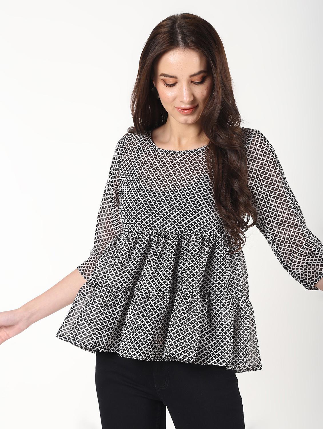 round neck gathered peplum top - 16457137 - Zoom Image - 1