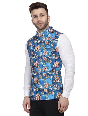 blue printed nehru jacket - 16457187 - Standard Image - 2