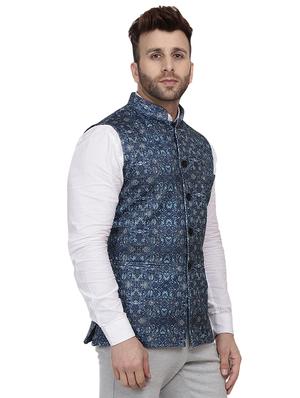 navy blue printed nehru jacket - 16457202 - Standard Image - 2