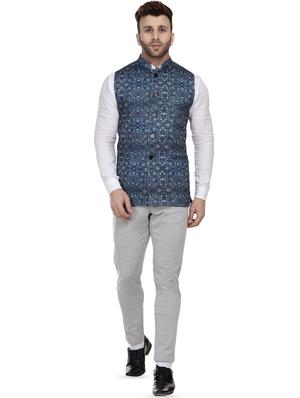 navy blue printed nehru jacket - 16457202 - Standard Image - 4