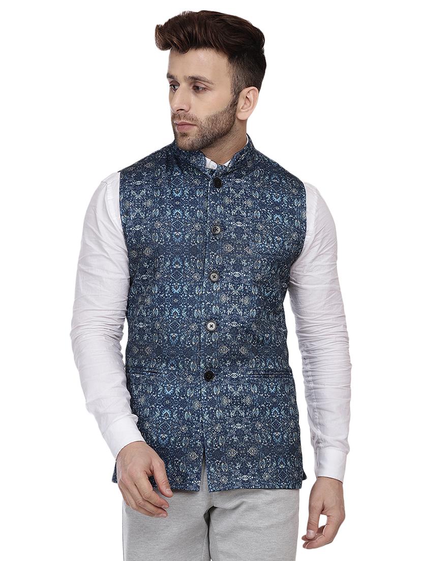 navy blue printed nehru jacket - 16457202 - Zoom Image - 1