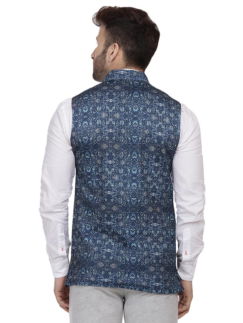 navy blue printed nehru jacket - 16457202 - Zoom Image - 3