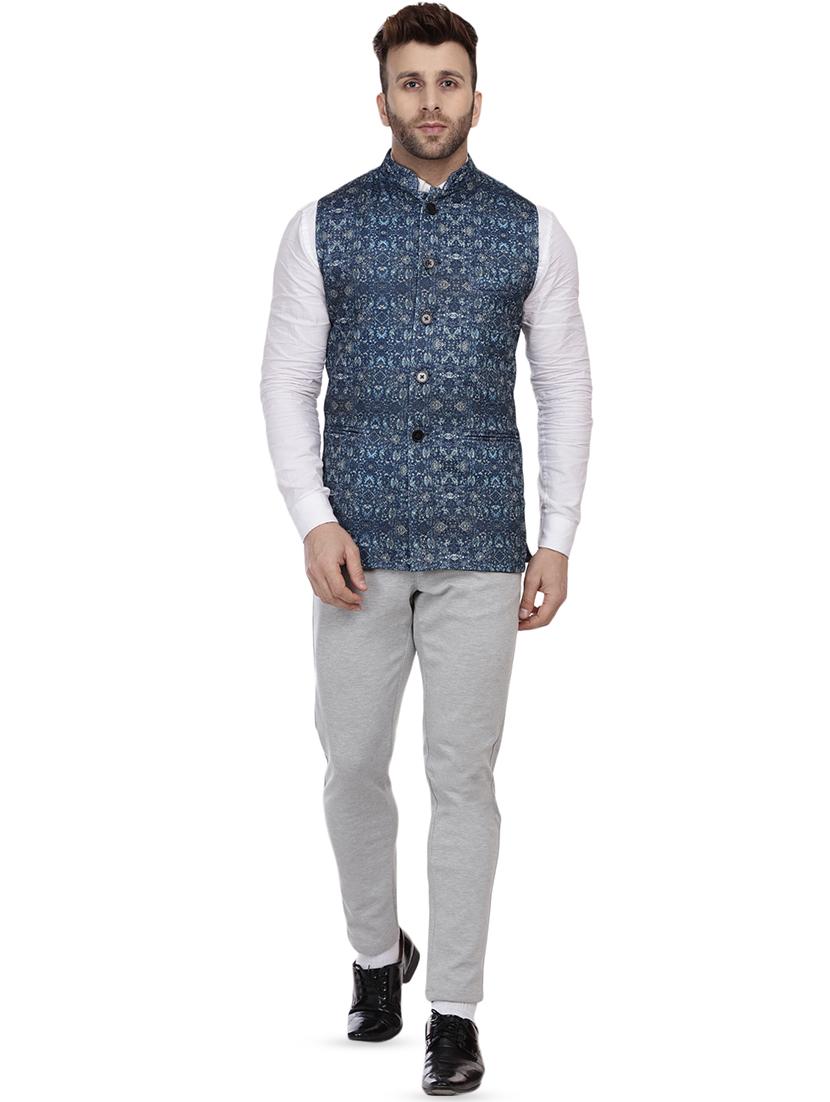 navy blue printed nehru jacket - 16457202 - Zoom Image - 4