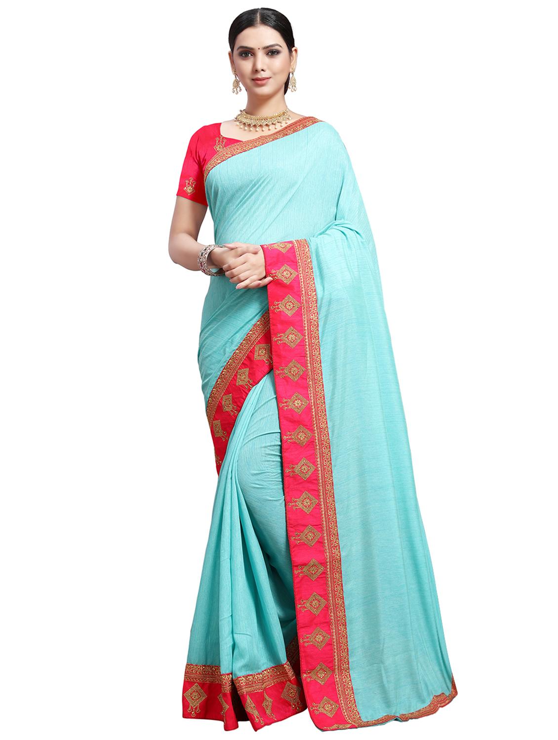 solid with bordered saree with blouse - 16457247 - Zoom Image - 1