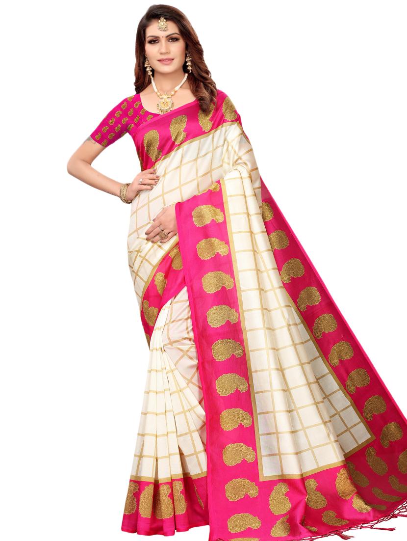 checkered printed saree with blouse - 16460204 - Zoom Image - 1