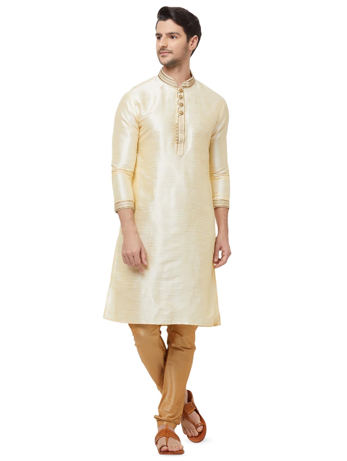 beige pure silk kurta pyjama set - 16461909 - Zoom Image - 1