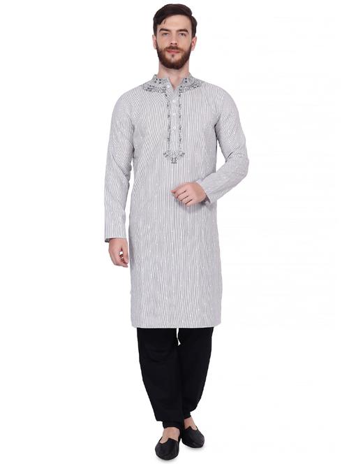 grey striped kurta pyjama set with embroidered neckline - 16462431 - Standard Image - 1