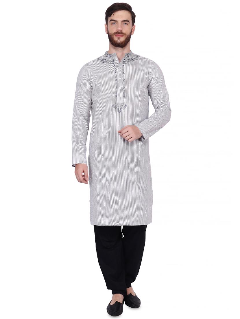 grey striped kurta pyjama set with embroidered neckline - 16462431 - Zoom Image - 1