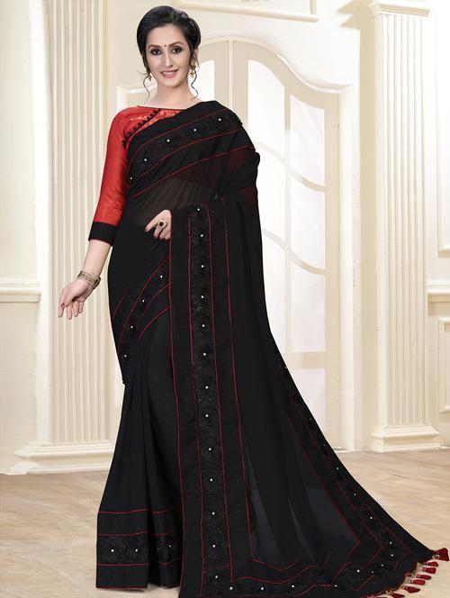 embroidered solid saree with blouse - 16463747 - Standard Image - 1