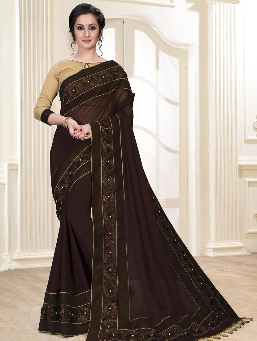 embroidered solid saree with blouse - 16463749 - Zoom Image - 1