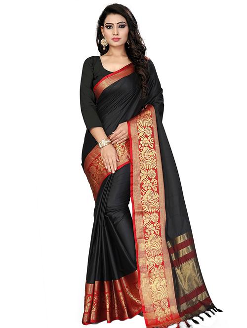 contrast zari border woven saree with blouse - 16465234 - Very Small Image - 1