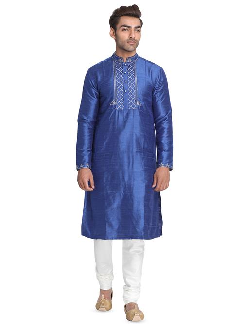 dark blue solid long kurta with embroidered neckline - 16466210 - Standard Image - 1