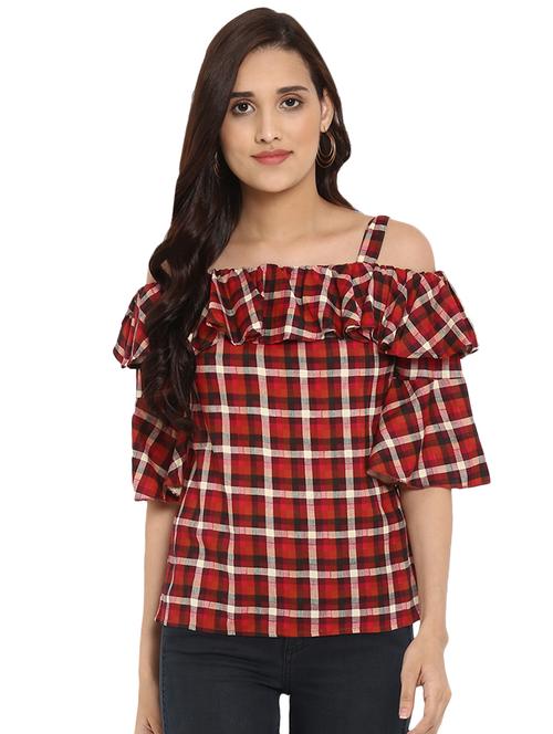 cold shoulder checkered top - 16472951 - Standard Image - 1