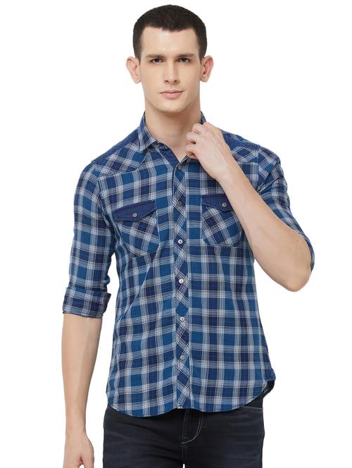 navy blue checkered casual shirt - 16473299 - Standard Image - 1