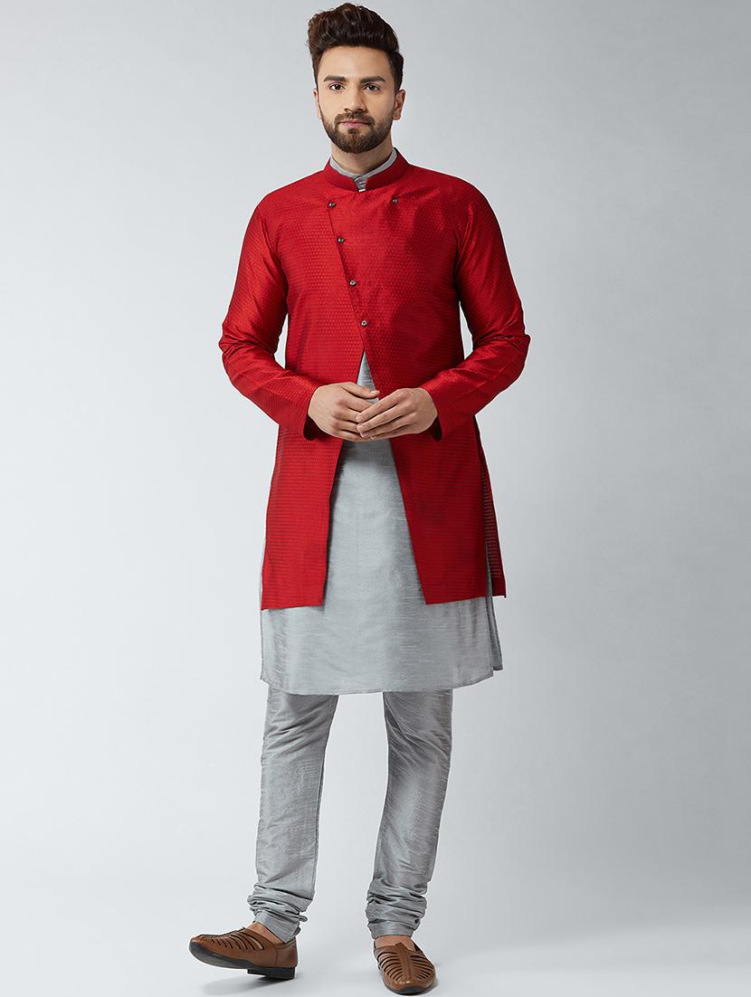 red woven silk blend sherwani set - 16480074 - Zoom Image - 1