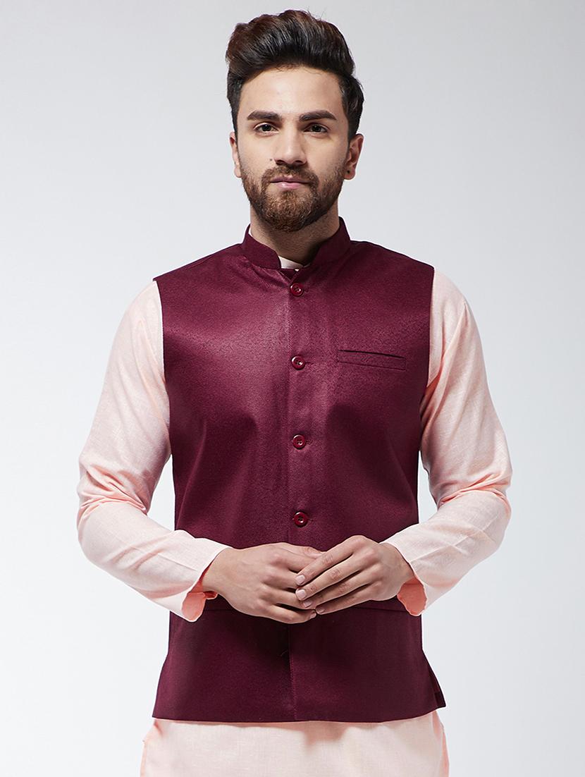 maroon solid nehru jacket - 16480400 - Zoom Image - 1