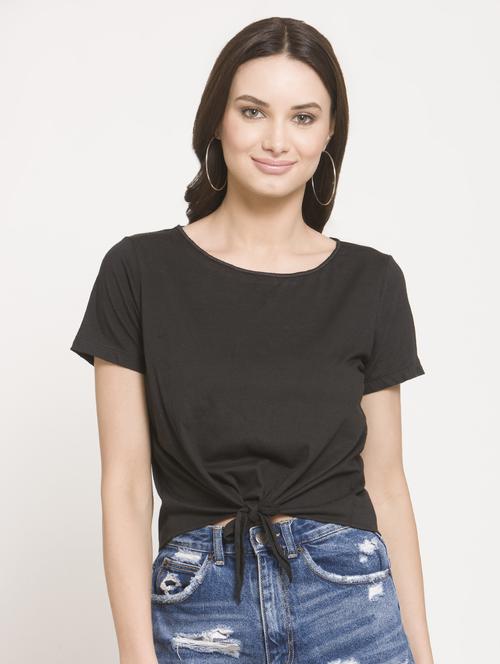 knotted hem round neck solid top - 16482574 - Standard Image - 1
