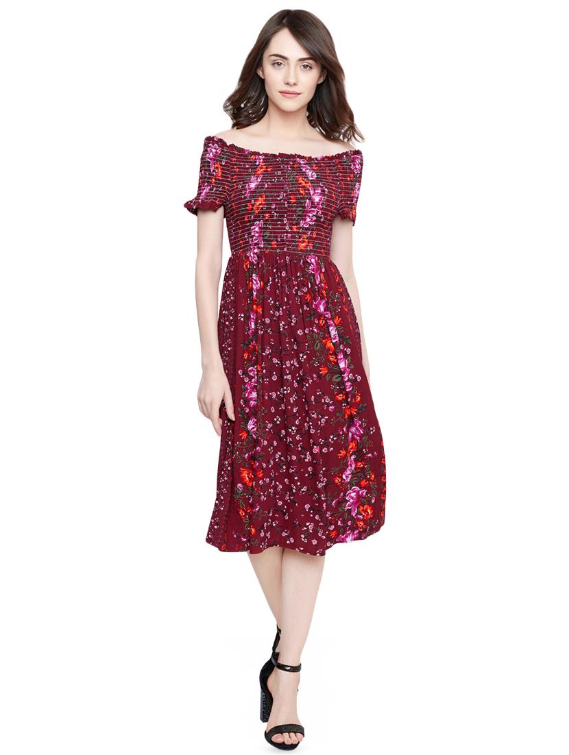 off shoulder smocked floral flared dress - 16483895 - Zoom Image - 1