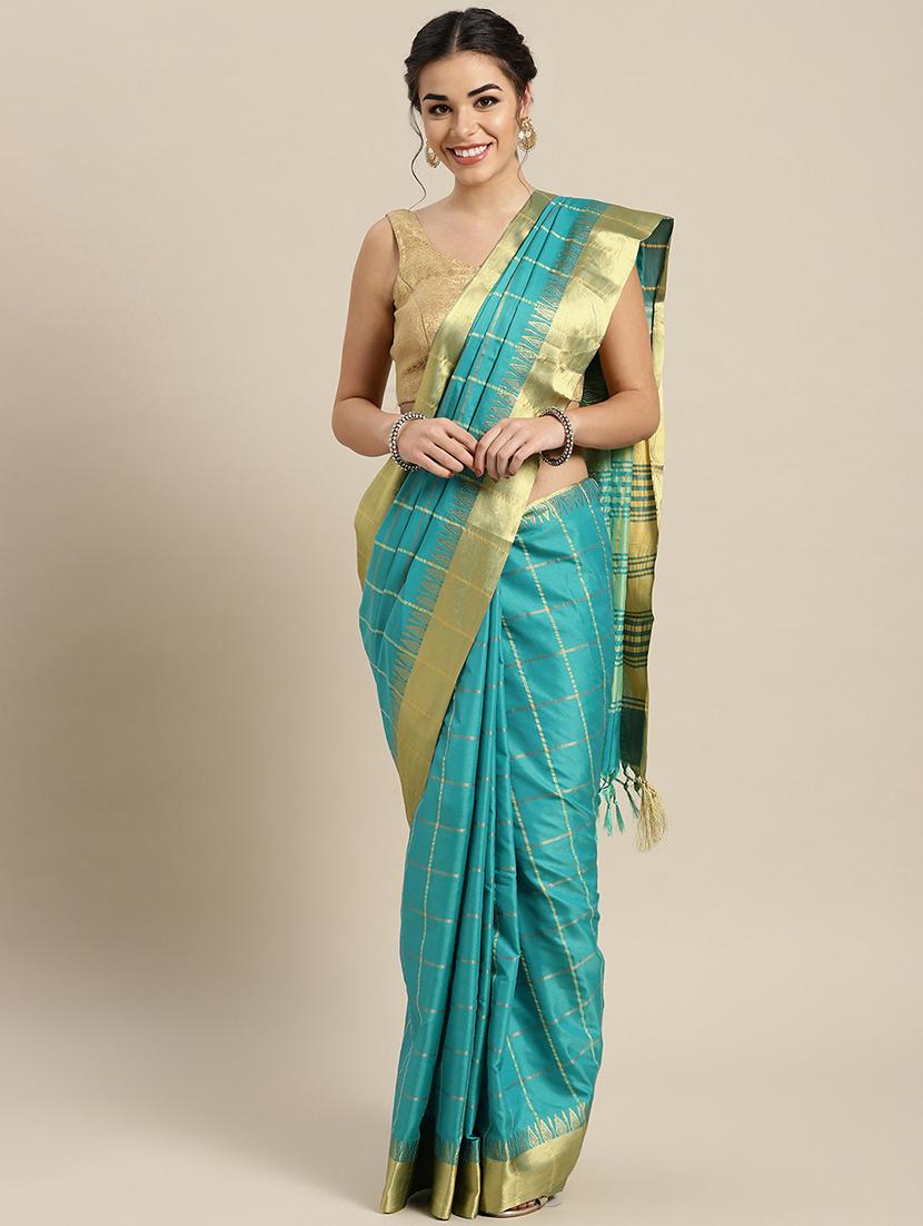 turquoise cotton silk printed saree with blouse - 16484641 - Zoom Image - 1
